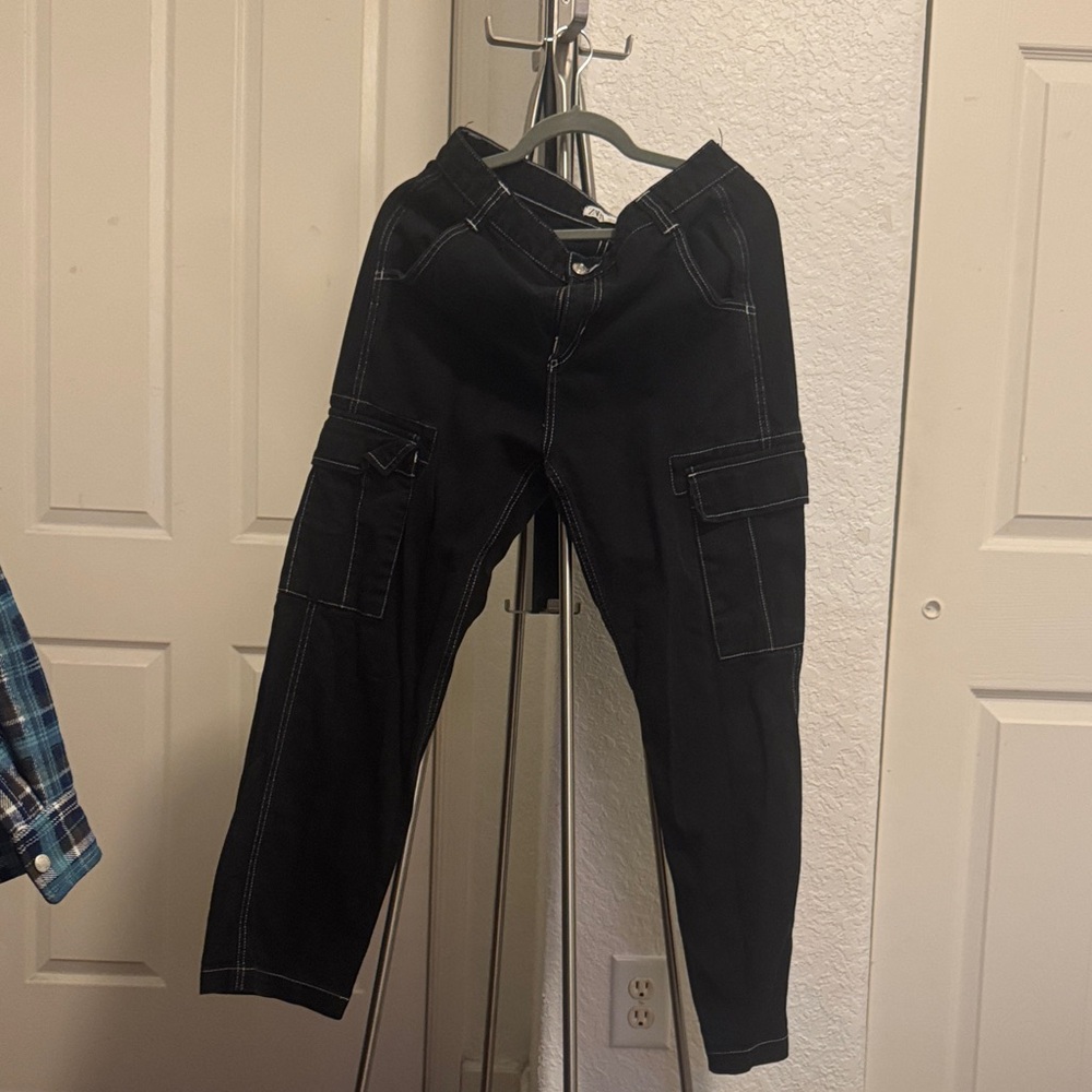 Black Cargo Pants with White Stitching